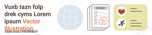 Education, global connectivity, health monitoring, data management, fitness tracking, medical records. Globe, checklist labeled as exam health symbols. Education and global connectivity concept