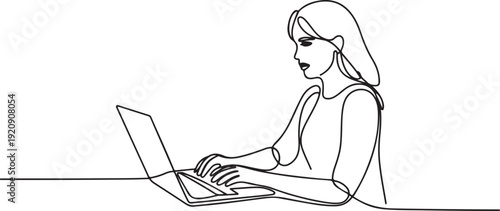 Continuous one line drawing of a young woman sitting at a laptop.one line vector illustration with white background