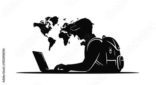 remote worker with backpack and world map