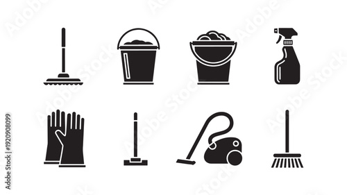 A collection of black vector cleaning icons on a white background, representing various cleaning tools and supplies for housekeeping and janitorial services.