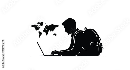man working remotely with laptop and world map