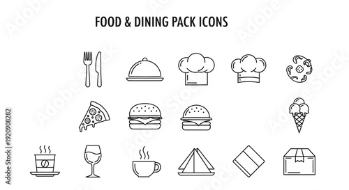 Minimalist line art icons representing various elements of food preparation, dining service, and culinary tools presented on a dark background.
