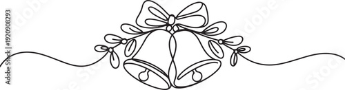 One continuous line drawing of christmas bells. Xmas festive decoration with mistletoe and bow in simple linear style.one line vector illustration with white background