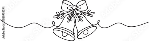 One continuous line drawing of christmas bells. Xmas festive decoration with mistletoe and bow in simple linear style.one line vector illustration with white background