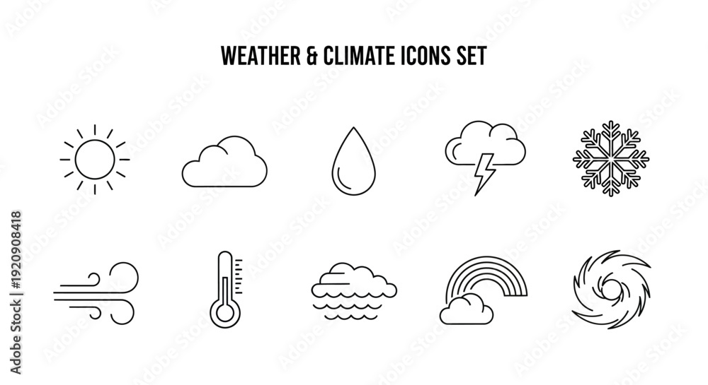 Fototapeta premium Collection of minimalist line art weather condition icons depicting sun, rain, wind, storm, and temperature variations beautifully illustrated.