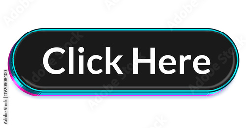 Click Here Button – Black 3D Neon Frame UI Click Here Call to Action with Cyan and Pink Glow Isolated on Transparent Background png