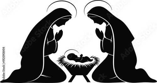Christmas Nativity scene vector silhouette with Mary Joseph and baby Jesus in manger for holiday cards