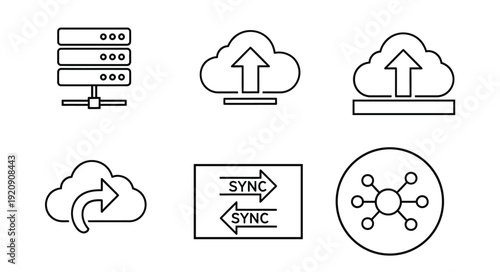 A collection of linear icons depicts cloud computing data synchronization servers and network connections in a minimalist style high-quality professional detailed