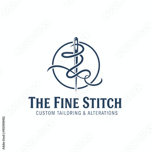 A logo shows a needle with thread in a circle, and text below describes tailoring services