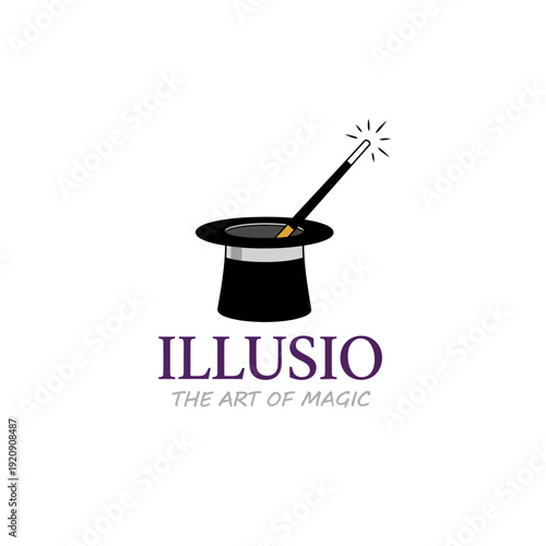 A black top hat with silver band and a wand with radiating lines, and the text "ILLUSIO" and "THE ART OF MAGIC
