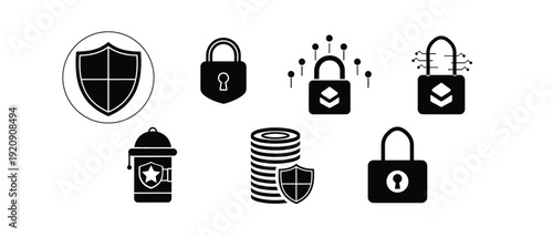 A collection of black glyph icons depicts security data protection and digital privacy concepts including locks and shields high-quality professional detailed