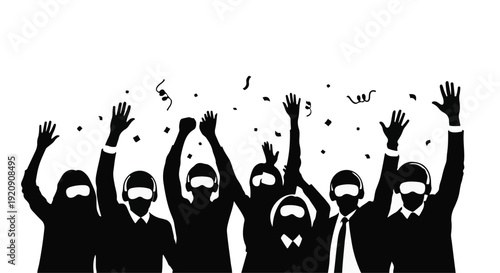 Business people celebrating with confetti and raised hands