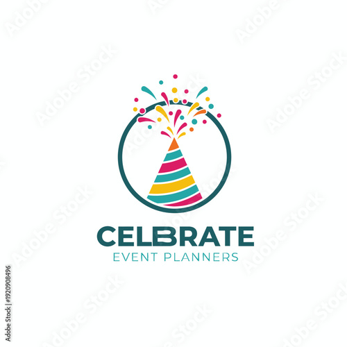 Colorful logo featuring a party hat erupting with confetti inside a circle, with event planner text