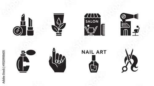 A collection of black vector icons representing nail art and salon services, including nail polish, beauty treatments, and salon signage on a clean white background.