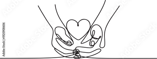 One continuous line drawing of hands holding heart. Concept of love relationship and volunteer organisation symbol in simple linear style.one line vector illustration with white background