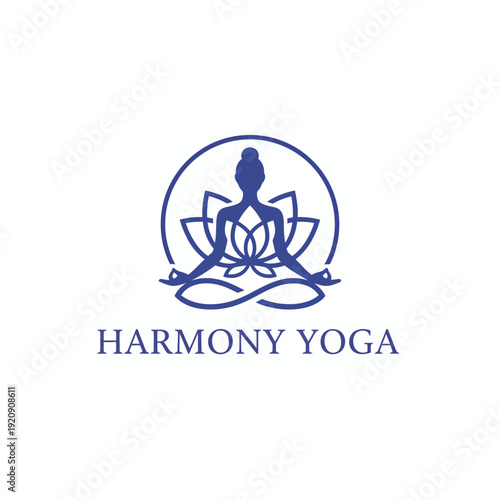 Meditating figure in a circle, lotus flower accents, serene pose, text below, calm colors