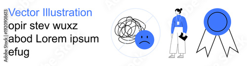 Mental health, self-improvement, certification, productivity, problem-solving, personal growth. a sad face, tangled lines professional figure and a badge. Mental health and self-improvement concept