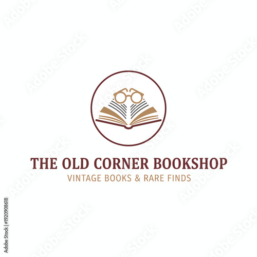 A logo of a book, glasses, and text, with a circular border. The text describes a store
