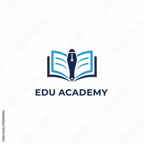 A logo featuring a pen placed in an open book with colored pages. The text "EDU ACADEMY" is below