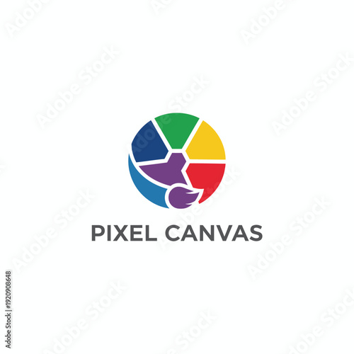 Free Download Colorful logo featuring a segmented sphere, a paintbrush design, and text below on a white background - GFXLoad
