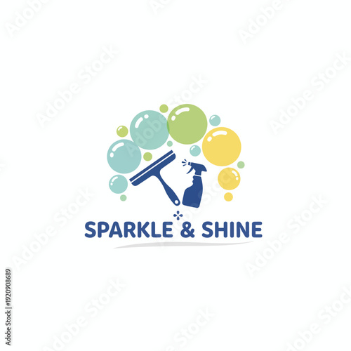 Cleaning supplies logo with colorful bubbles, spray bottle, and squeegee. Text reads "Sparkle & Shine