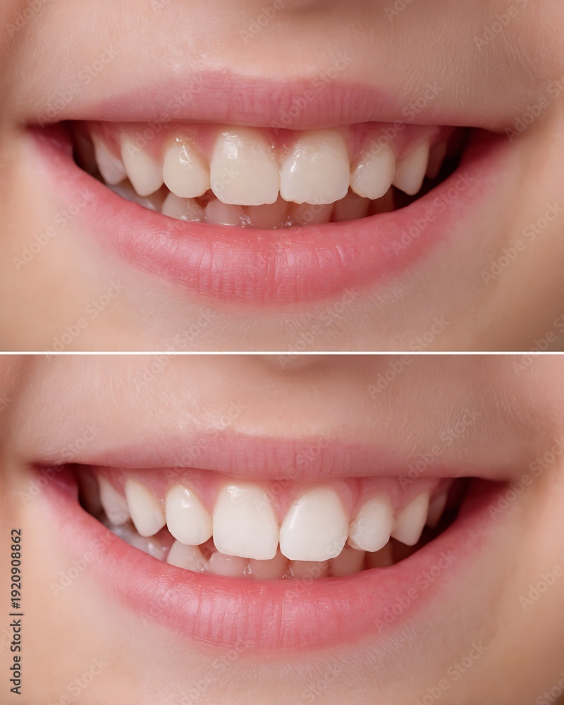 Fototapeta premium before after comparison split, before visible plaque near gumline, after clean bright teeth