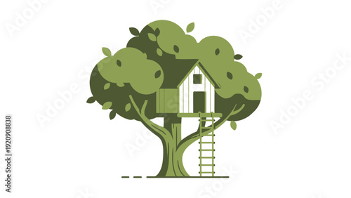 Treehouse with Ladder and Green Leaves.
