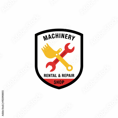 A logo design with a crest shape, featuring crossed wrenches and a yellow excavator scoop, with text