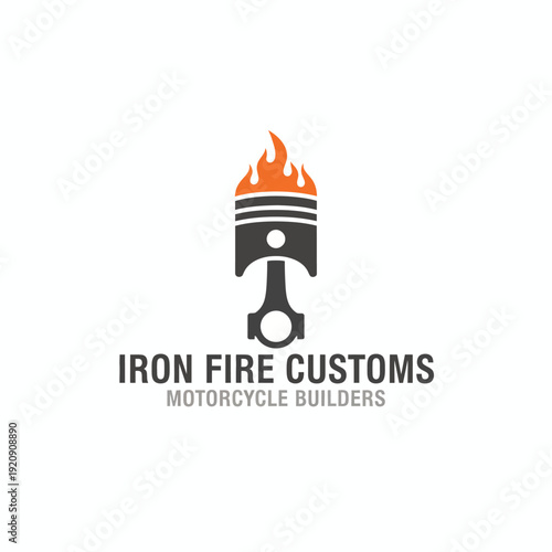 A stylized engine piston with flames, above text stating "Motorcycle Builders