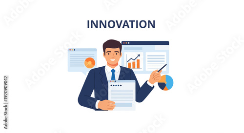 Business Innovation Strategy Presentation. Professional Manager Analyzing Data, Growth Charts, and Market Research. Flat Vector Illustration.