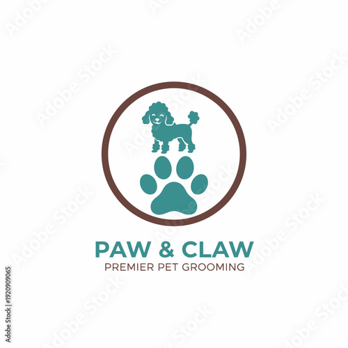 Stylized emblem featuring a dog silhouette, paw print, and text, centered on a white background