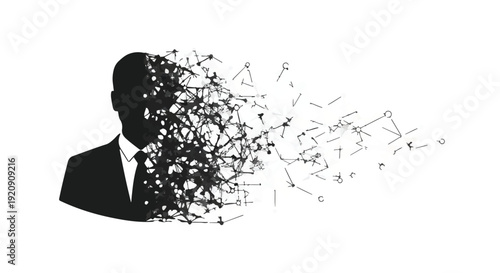 Disintegrating businessman silhouette with flying letters and symbols