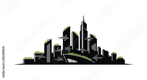 Modern city skyline with sleek skyscrapers and bridge