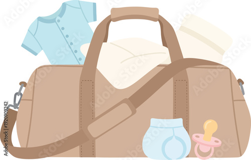 Baby hospital bag packed with essentials including onesie blanket diaper and pacifier for newborn preparation and travel
