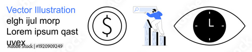 Business growth, financial planning, time management, success tracking, market analysis, productivity. Analyzing charts, dollar symbol and eye and clock icons. Business growth and financial planning