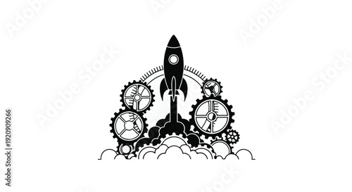 Vintage rocket ship launching amidst industrial gears and clockwork
