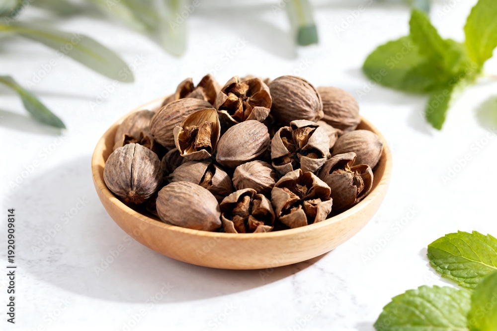 Obraz premium A wooden bowl filled with nutmeg seeds on a white surface