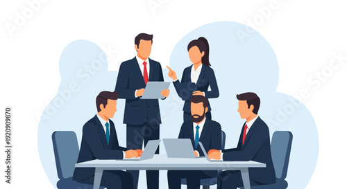 Professional Business Team Meeting and Strategy Collaboration. Flat Vector Illustration of Corporate Executives Working Together.