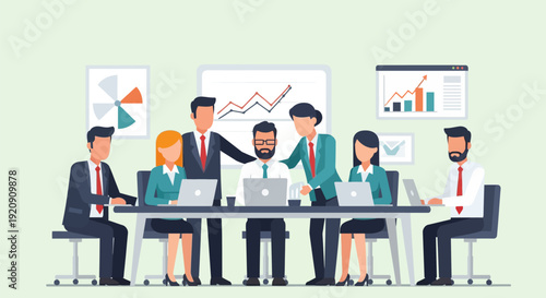 Professional Business Team Meeting. Corporate Group Collaboration, Strategy Presentation, and Data Analysis in the Office Vector Illustration.