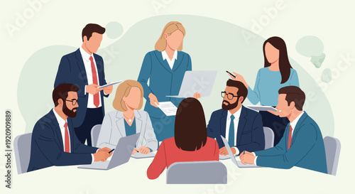 Executive Team Collaboration Meeting. Professional Business Group Working Together in Office. Vector Illustration.