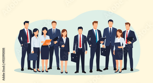 Diverse Professional Business Team Standing Together in Suits. Corporate Staff Group, Managers, and Leaders. Vector Illustration for HR and Finance.