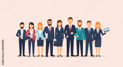 Professional Business Team Standing Together. Diverse Corporate Staff and Employees in Suits. Flat Vector Illustration.