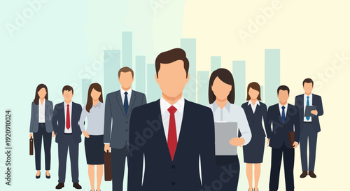 Business Team Leadership. Corporate Professionals Group Standing in Front of Financial Growth Bar Chart. Executive Staff and Management Success.