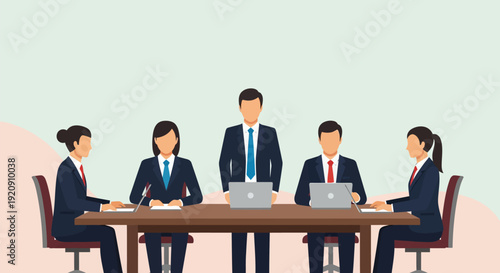 Vector Illustration of Business Professionals Team Meeting. Flat Design Corporate Boardroom Presentation and Collaboration.