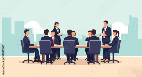 Executive Boardroom Meeting. Professional team collaborating, planning, and discussing corporate strategy. Vector illustration.