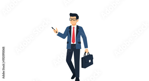 Professional Businessman Character with Glasses and Briefcase Holding a Pen. Corporate Consultant or Manager Vector Illustration Icon on White Background.