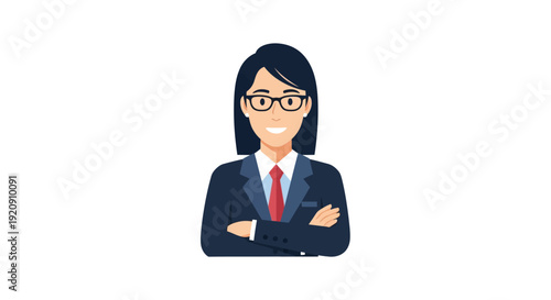Confident Businesswoman Avatar Vector. Professional Female Executive in Suit and Glasses with Crossed Arms Isolated.