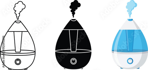 Set of humidifier icons in outline silhouette and color vector styles representing clean air and home comfort for wellness apps