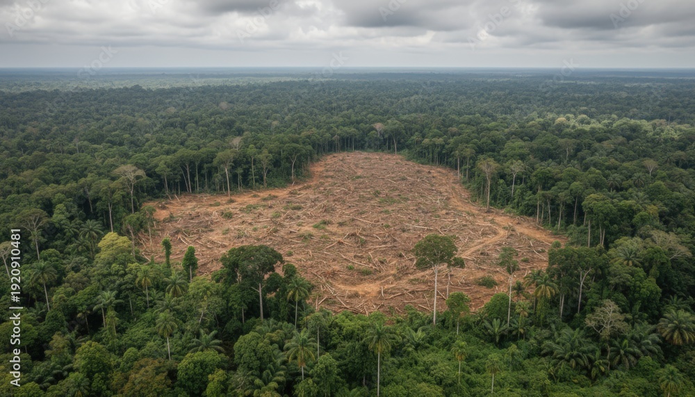 Obraz premium Aerial view rainforest clearing, widespread deforestation