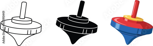 Collection of spinning top toys including outline silhouette and colorful vector illustrations for childhood fun and retro concepts